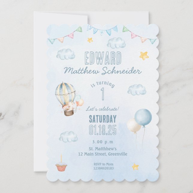 Invitation Bleu Aquarelle Chaud Boulon à air chaud Anniversai (Devant)