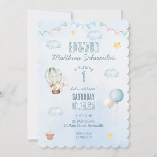 Invitation Bleu Aquarelle Chaud Boulon à air chaud Anniversai