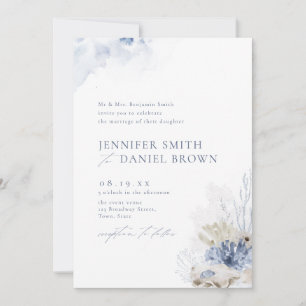 Invitation Bleu aquarelle corail & coquillages plage mariage