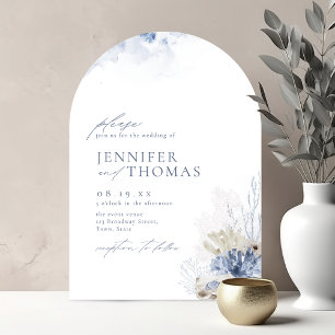 Invitation Bleu aquarelle corail & coquillages plage mariage