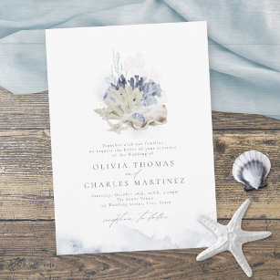 Invitation Bleu aquarelle corail & coquillages plage mariage