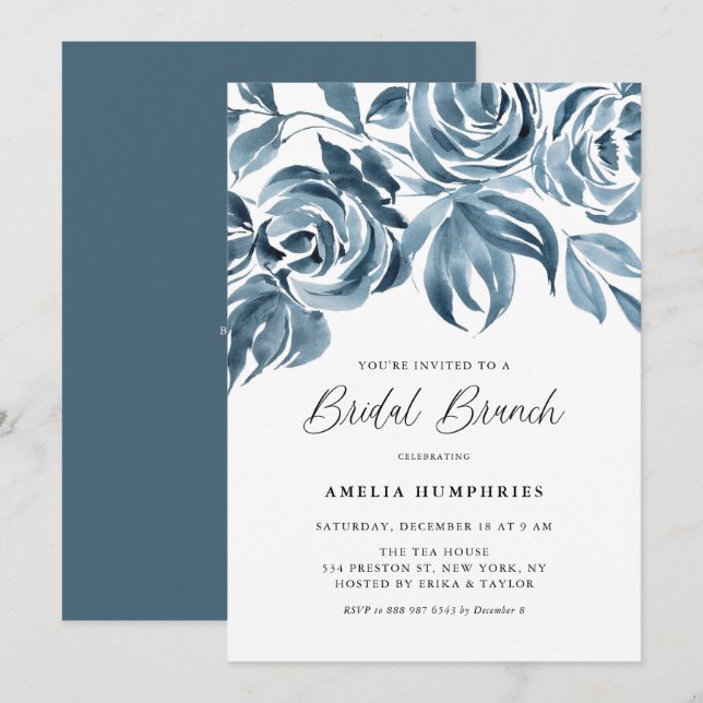 Invitation Bleu Aquarelle d'hiver Rose Bridal Brunch (Devant / Derrière)