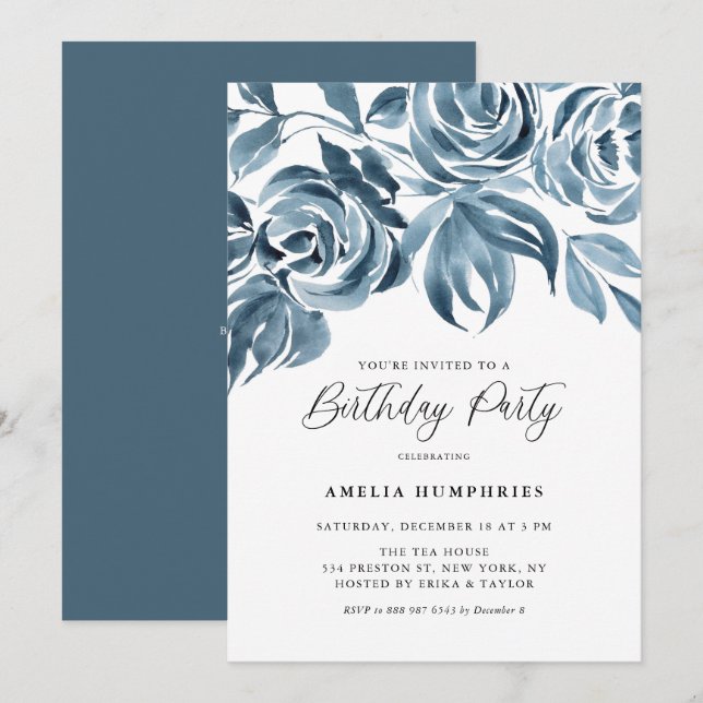 Invitation Bleu Aquarelle d'hiver Roses fête d'anniversaire (Devant / Derrière)