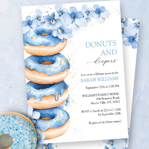 Invitation Bleu Aquarelle Donuts et Diapers Baby shower garço