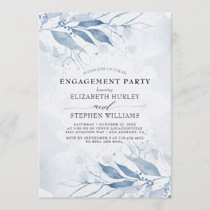 Invitation Bleu Aquarelle Feuille Fleurs d'engagement