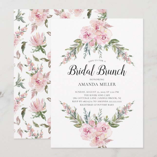 Invitation Bleu aquarelle Floral Bridal Brunch (Devant / Derrière)