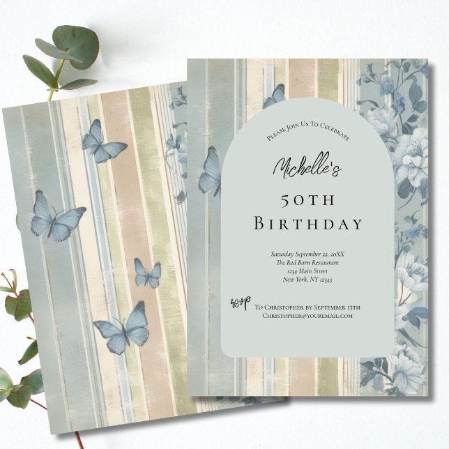 Invitation Bleu Aquarelle Florales Papillons 50e anniversaire (Blue Floral Butterflies 50th Birthday Invitation Template. Printed or Digital Download Invitation.)