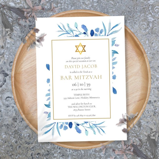 Invitation Bleu Aquarelle Folige Bar Mitzvah Bat mitzvah (Blue Watercolor Foliage Bar Mitzvah Bat Mitzvah Invitation)