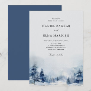 Invitation Bleu Aquarelle hiver pins forêt mariage