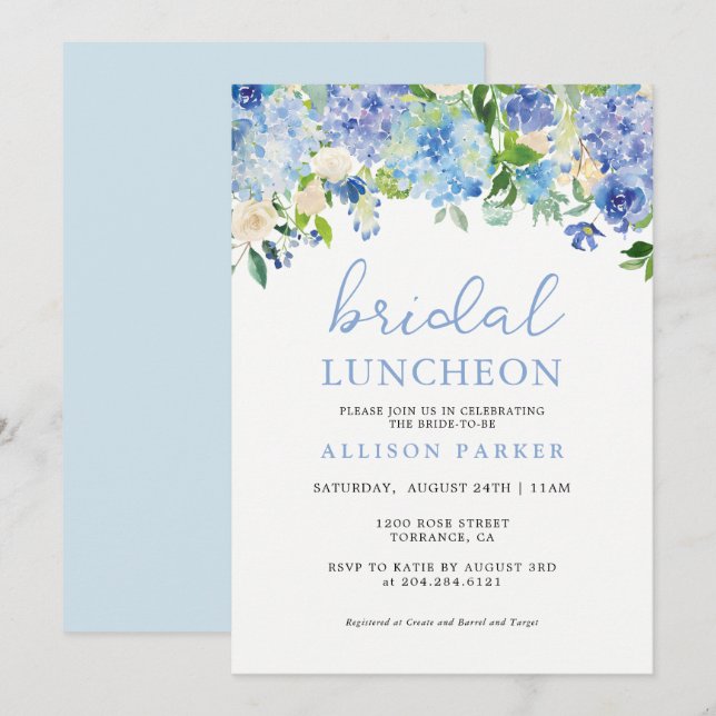 Invitation Bleu aquarelle Hydrangea Floral Bridal Luncheon (Devant / Derrière)