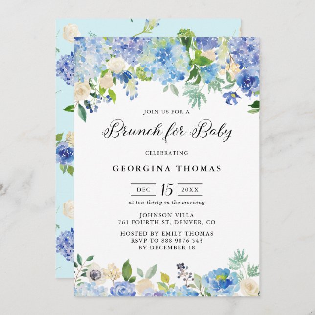 Invitation Bleu aquarelle Hydrangeas & Brunch Rose pour bébé (Devant / Derrière)
