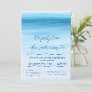 Invitation Bleu aquarelle océan anniversaire Fête minimaliste