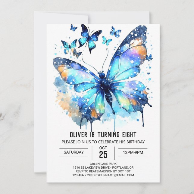 Invitation Bleu Aquarelle Papillon Garçon Anniversaire (Devant)