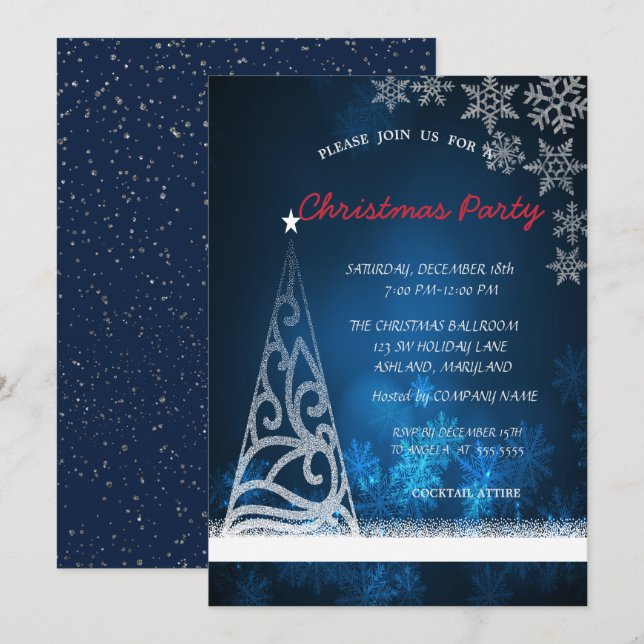Invitation Bleu, Arbre, Confetti Corporate Christmas Party (Devant / Derrière)