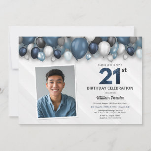 Invitation Bleu argent noir et blanc 21ème anniversaire Photo