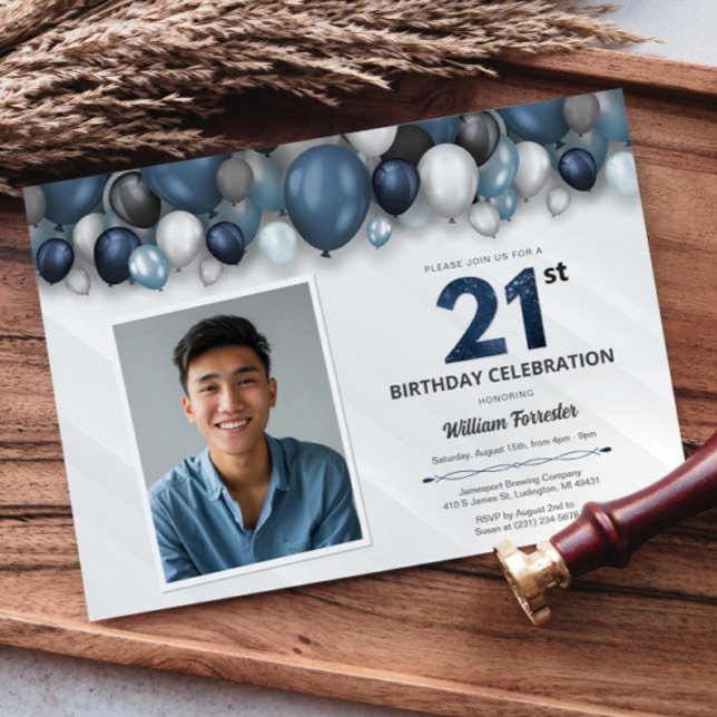 Invitation Bleu argent noir et blanc 21ème anniversaire Photo (Blue Silver Black & White 21st Birthday Photo Invitation)