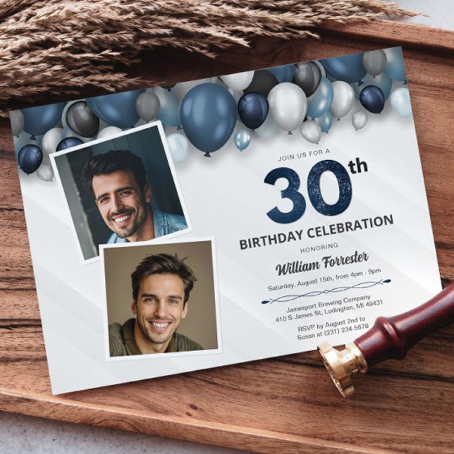Invitation Bleu Argent noir et blanc 30e anniversaire Photo (Blue Silver Black & White 30th Birthday Photo Invitation)