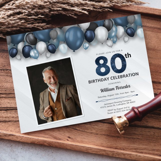 Invitation Bleu argent noir et blanc 80e anniversaire Photo (Blue Silver Black & White 80th Birthday Photo Invitation)