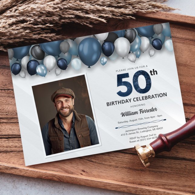 Invitation Bleu argent noir et blanc photo 50e anniversaire (Blue Silver Black & White 50th Birthday Photo Invitation)