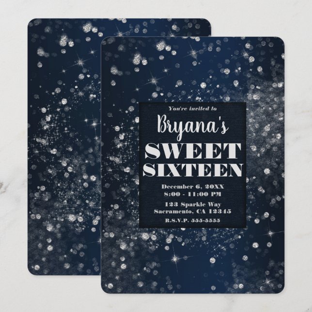 Invitation Bleu argenté éclat glam Sweet 16 Party (Devant / Derrière)