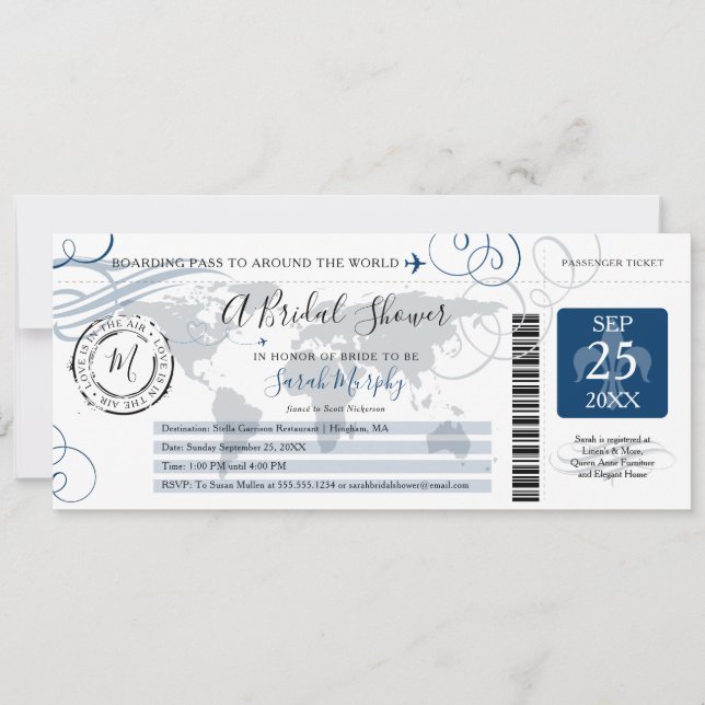 Invitation Bleu autour du Monde Fête des mariées Embarquement (Devant)