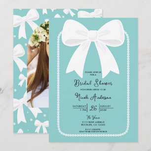 Invitation Bleu avec perles et nœuds blancs Fête de mariage c
