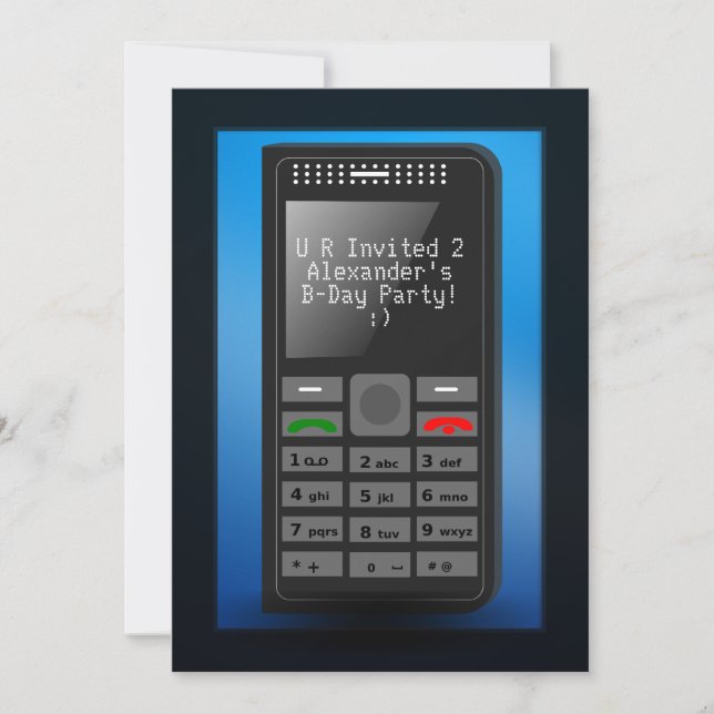 Invitation Bleu avec Téléphone cellulaire Ado Anniversaire Fê (Devant)