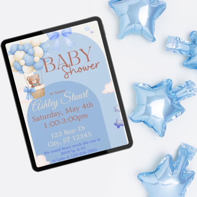 Invitation Bleu avec un Ours dans un baby shower à montgolfiè (Créateur téléchargé)