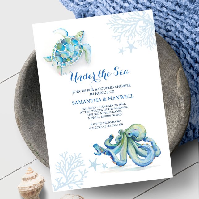 Invitation Bleu baby shower Sous La Mer Aquarelle Côtière (Nautical baby shower ideas unique watercolor art by Victoria Grigaliunas of Do Tell A Belle)