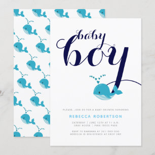 Invitation Bleu baleine marine typographie bébé garçon douche