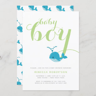 Invitation Bleu baleine vert typographie bébé garçon douche