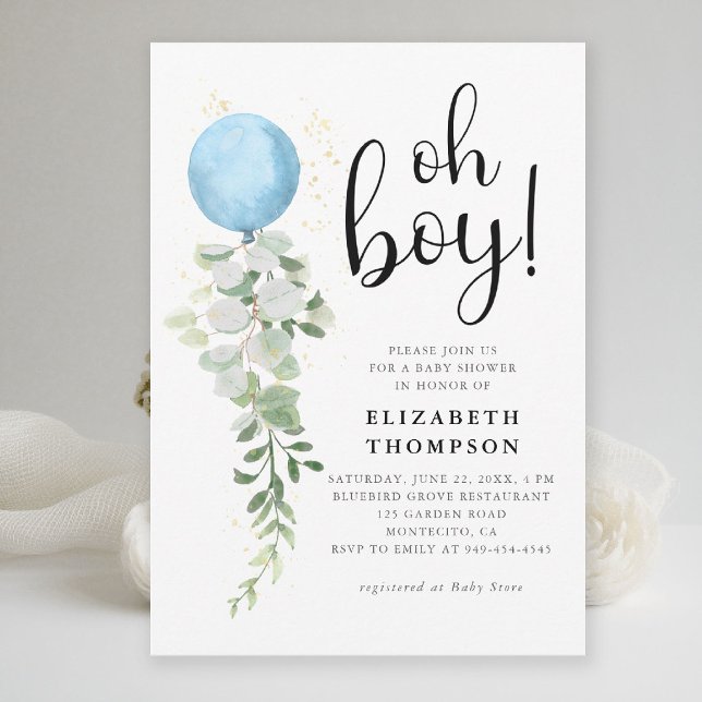 Invitation Bleu Balloon Eucalyptus Élégant Oh Baby shower gar (oh boy baby shower invitation blue balloon eucalyptus greenery watercolor modern calligraphy elegant)