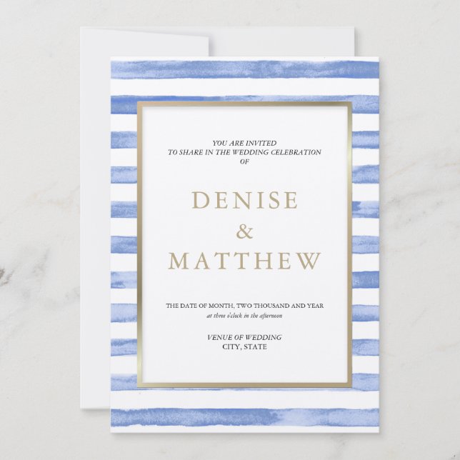 Invitation Bleu barbeau aquarelle rayure et lettrage or (Devant)