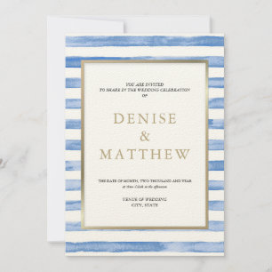 Invitation Bleu Barbeau Aquarelle Rayure & Lettres Dorées