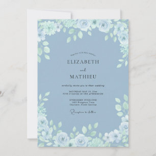 Invitation Bleu Barbeau Raffiné Mariage Botanique
