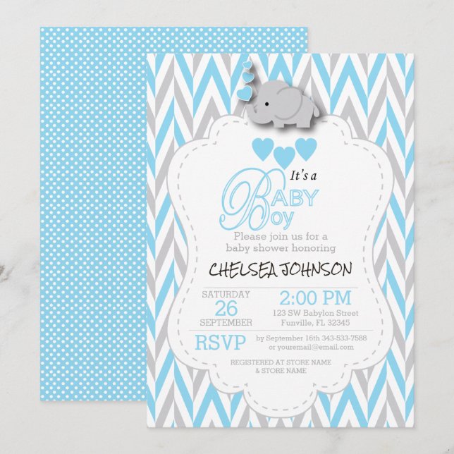 Invitation Bleu bébé, éléphant gris blanc Baby shower 2 (Devant / Derrière)