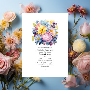 Invitation Bleu bébé, jaune beurre, mariage rose pastel