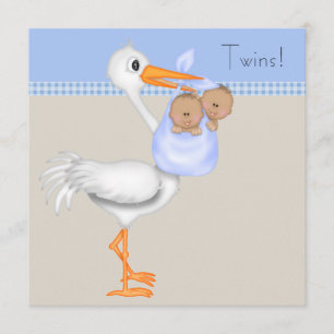 Invitation Bleu Beige En vichy cigogne Baby shower jumeau