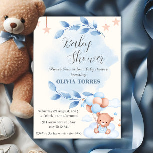 Invitation Bleu Beige, Ours en peluche, Ballons, Fête prénata