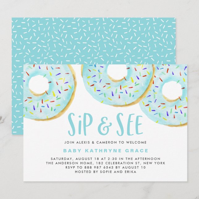 Invitation Bleu beignets saupoudrer Baby shower Sip et voir (Devant / Derrière)