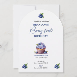Invitation Bleu Berry Premier anniversaire aquarelle photo pe