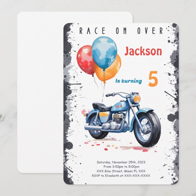 Invitation Bleu Bike Anniversaire (Devant / Derrière)