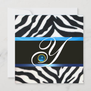 Invitation BLEU BLACÉ BLANC ZEBRA MONOGRAM DE FOUR, Sapphire