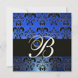 INVITATION BLEU BLACK DAMASK MONOGRAM SAPPHIRE GOLD METALLIC