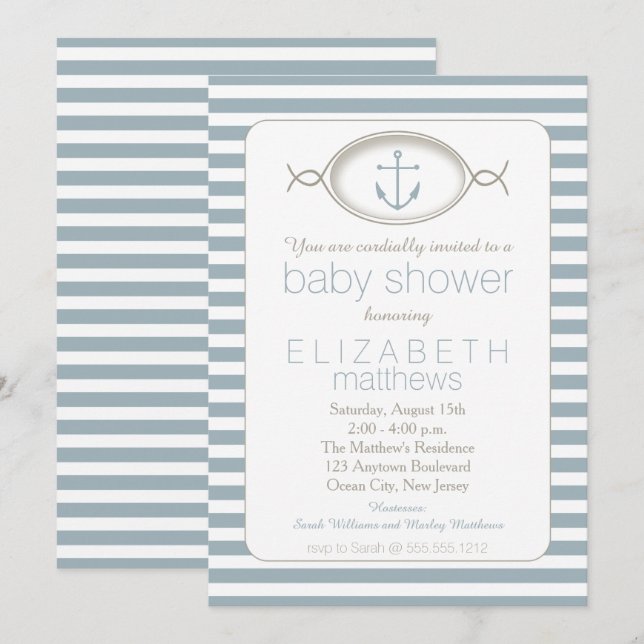 Invitation Bleu blanc Ancre nautique Baby shower de garçon ra (Devant / Derrière)