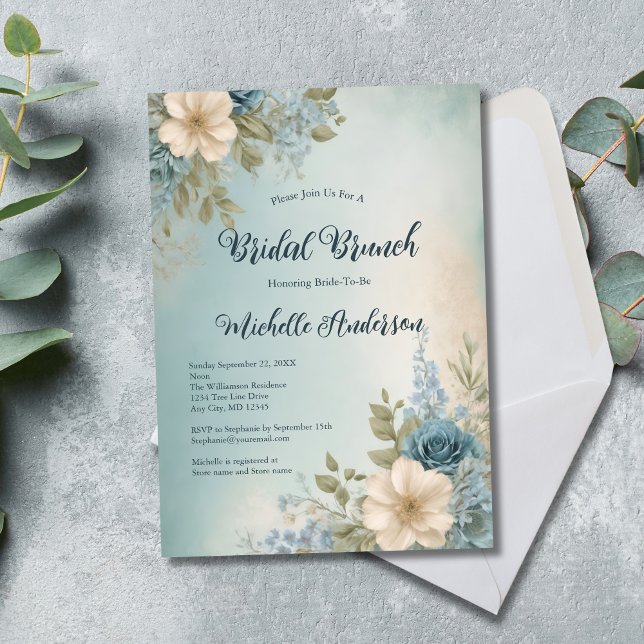 Invitation Bleu Blanc Aquarelle Fête des mariées Florale Brun (Blue White Floral Watercolor Bridal Shower Bridal Brunch Invitation)