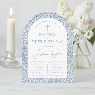 Invitation Bleu Blanc Arche Florale Garçon Baptême Premier An