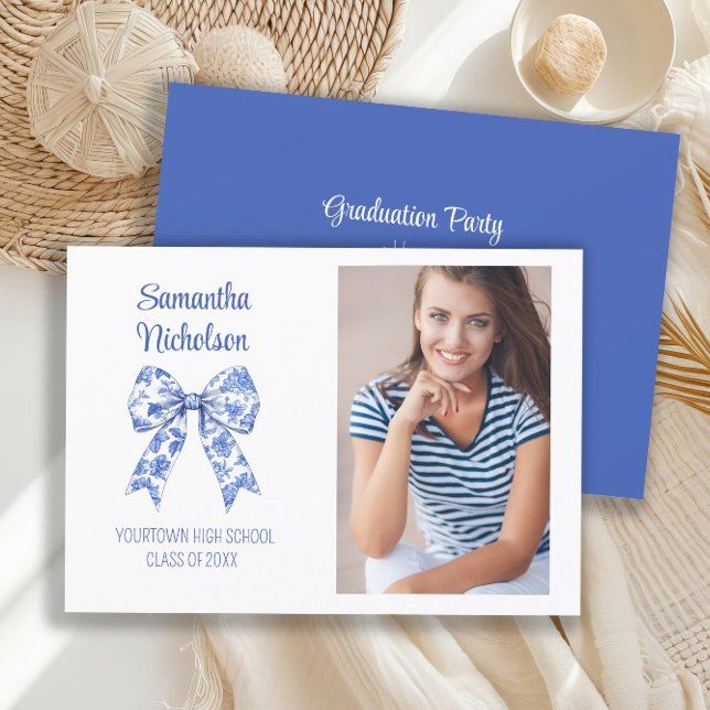 Invitation Bleu Blanc Bow Graduation Party Photo (Blue bow graduation party photo invitation)