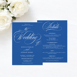 Invitation Bleu blanc chic tout en un mariage de calligraphie