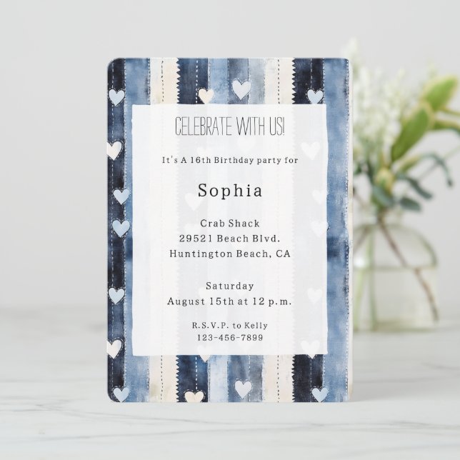 Invitation Bleu Blanc Denim Coeur rayures Anniversaire (Debout devant)